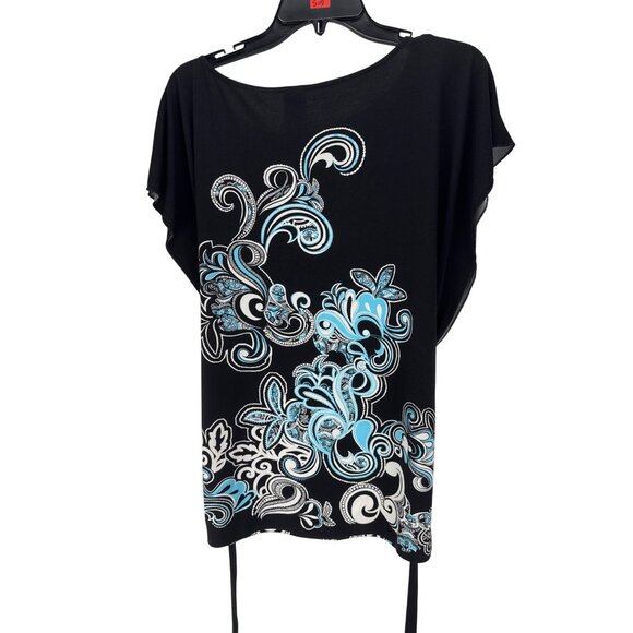 Wrapper Black Floral Tunic Top Size S Drawstring Hem Stretchy Casual Whimsygoth - Picture 5 of 6